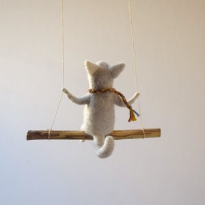 Cat on swing ,Gray Needle Felted Cat, Nursery Decoration, Baby Crib Mobile, Cat Toy, Baby Mobile image 2