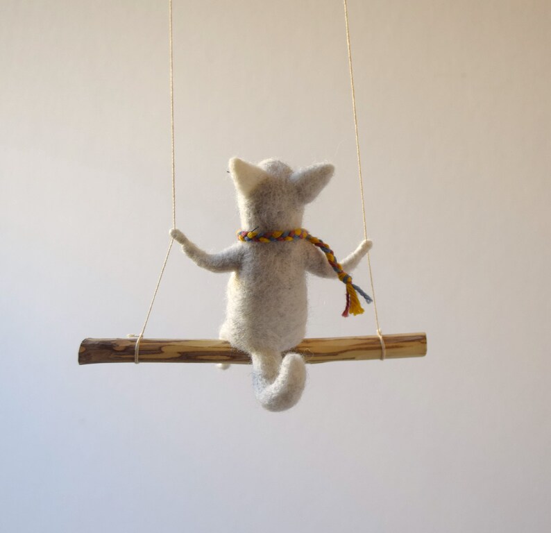 Cat on swing ,Gray Needle Felted Cat, Nursery Decoration, Baby Crib Mobile, Cat Toy, Baby Mobile image 2