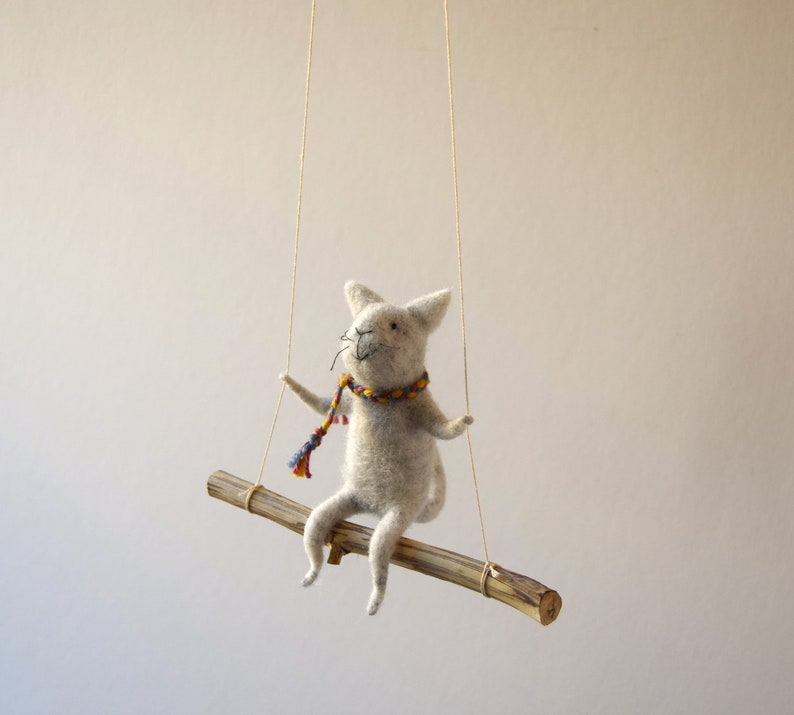 Cat on swing ,Gray Needle Felted Cat, Nursery Decoration, Baby Crib Mobile, Cat Toy, Baby Mobile image 4