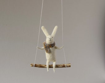 White Needle Felted Bunny- Needle Felted Nursery Mobile, Bunny Mobile -Baby mobile, White Bunny Mobile, Nursery Decor