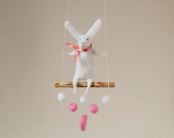 White Bunny on Swing, Needle Felted Animal, Needle Felted  Bunny, white Pink Baby Mobile, Crib Mobile, Nursery Decor
