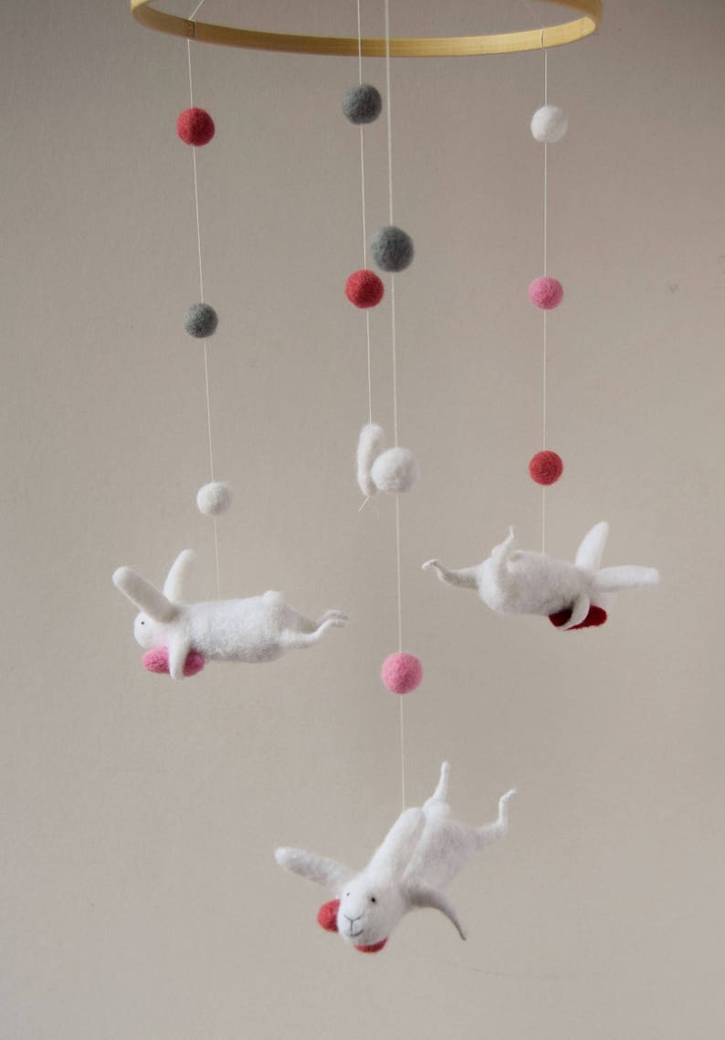 White Pink Gray Nursery Mobile, Baby Mobile, Baby Crib Mobile, Bunny Mobile, White, Pink, Red image 2