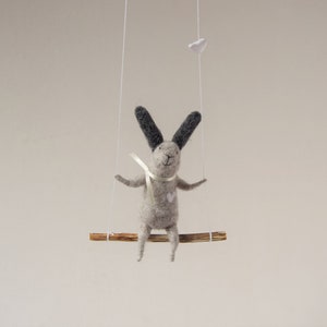 Gray bunny with dark ears on swing, Felted Animal, Felted Bunny, Bunny Mobile,Baby Crib Mobile, Nursery Decor