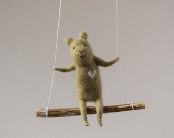 Swinging Bear, Brown Needle Felted Bear, Nursery Decoration, Baby Crib Mobile, Hanging Bear, Baby Mobile