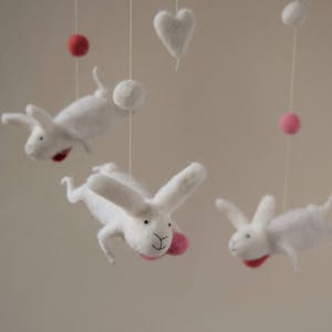 White Pink Gray Nursery Mobile, Baby Mobile, Baby Crib Mobile, Bunny Mobile, White, Pink, Red image 9