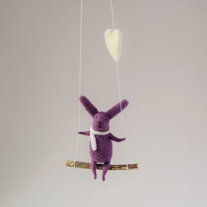 Purple Bunny, Felted Animal, Needle Felted Bunny, Bunny on swing, Nursery Decor, Bunny Mobile, Baby Crib Mobile
