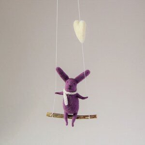 Purple Bunny, Felted Animal, Needle Felted Bunny, Bunny on swing, Nursery Decor, Bunny Mobile, Baby Crib Mobile