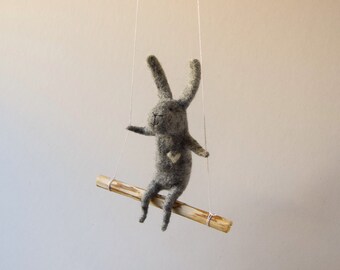 Swinging Bunny, Needle Felted Bunny, Nursery Decoration, Baby Crib Mobile, Hanging Bunny, Baby Mobile