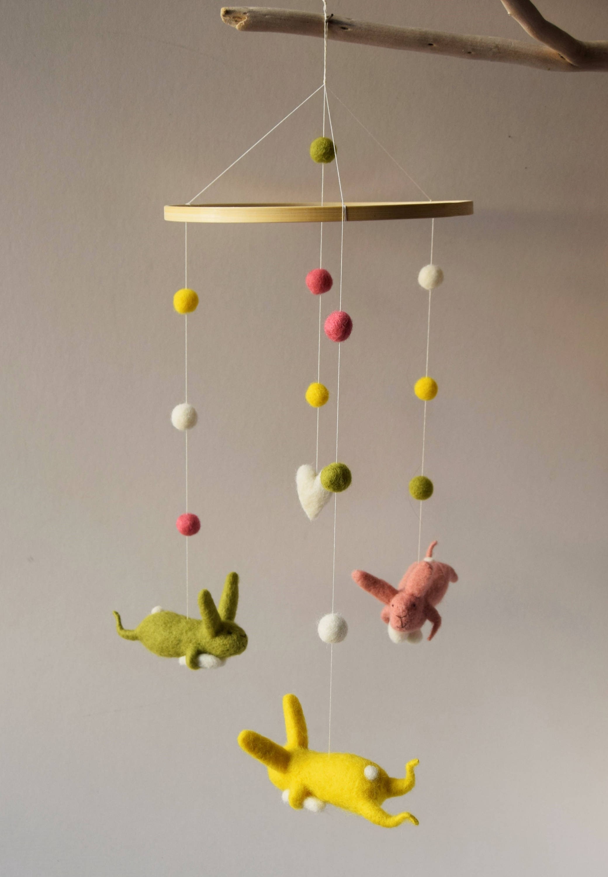 Green Pink Yellow Bunny Mobile, Nursery Baby Crib Mobile