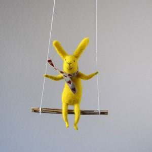 Yellow Bunny, Felted Animal, Needle Felted Bunny, Bunny on swing, Nursery Decor, Bunny Mobile, Baby Crib Mobile image 4