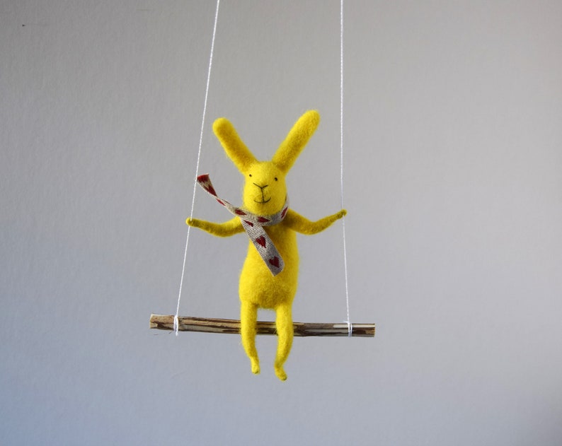 Yellow Bunny, Felted Animal, Needle Felted Bunny, Bunny on swing, Nursery Decor, Bunny Mobile, Baby Crib Mobile image 4