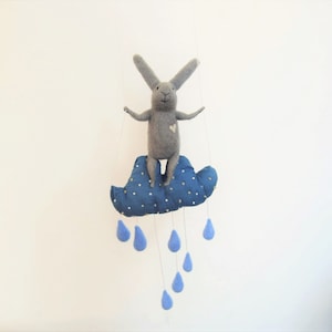 Gray Needle Felted Bunny sitting on a cloud, Baby Mobile, Baby Crib Mobile, Nursery Decor