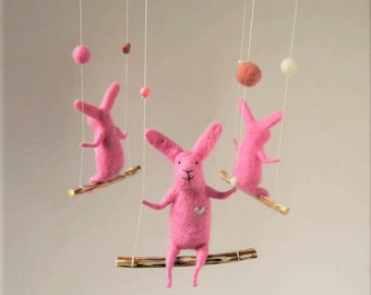 Pink Needle  Felted Bunny Mobile, White Bunnies on swings