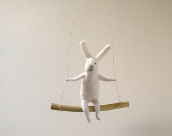 White bunny on swing, Felted Animal, Felted Bunny, Bunny Mobile,Baby Crib Mobile, Nursery Decor