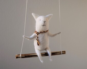 Cat on swing, White Needle Felted Cat, Nursery Decoration, Baby Crib Mobile,  Cat Toy, Baby Mobile