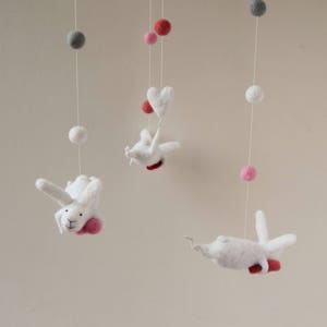 White Pink Gray Nursery Mobile, Baby Mobile, Baby Crib Mobile, Bunny Mobile, White, Pink, Red image 6