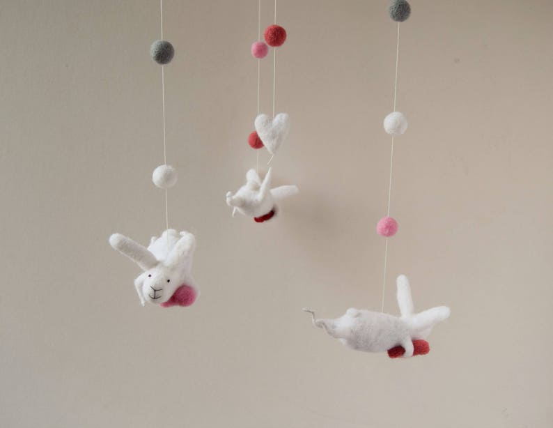 White Pink Gray Nursery Mobile, Baby Mobile, Baby Crib Mobile, Bunny Mobile, White, Pink, Red image 6