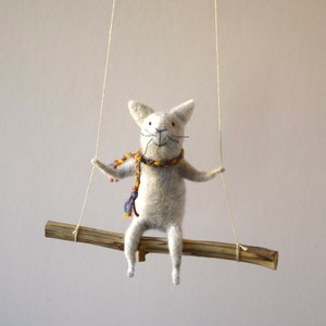 Cat on swing ,Gray Needle Felted Cat, Nursery Decoration, Baby Crib Mobile, Cat Toy, Baby Mobile image 1
