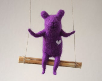 Bear on swing ,Purple Needle Felted Bear, Nursery Decoration, Baby Crib Mobile, Hanging Bear, Baby Mobile