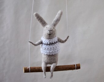 Off White Bunny on Swing, Needle Felted Animal, Nursery Decor, Baby Crib Mobile, Bunny Mobile