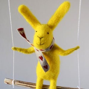 Yellow Bunny, Felted Animal, Needle Felted Bunny, Bunny on swing, Nursery Decor, Bunny Mobile, Baby Crib Mobile image 2