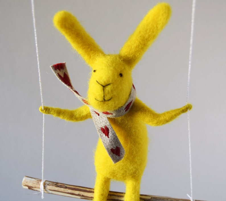 Yellow Bunny, Felted Animal, Needle Felted Bunny, Bunny on swing, Nursery Decor, Bunny Mobile, Baby Crib Mobile image 2