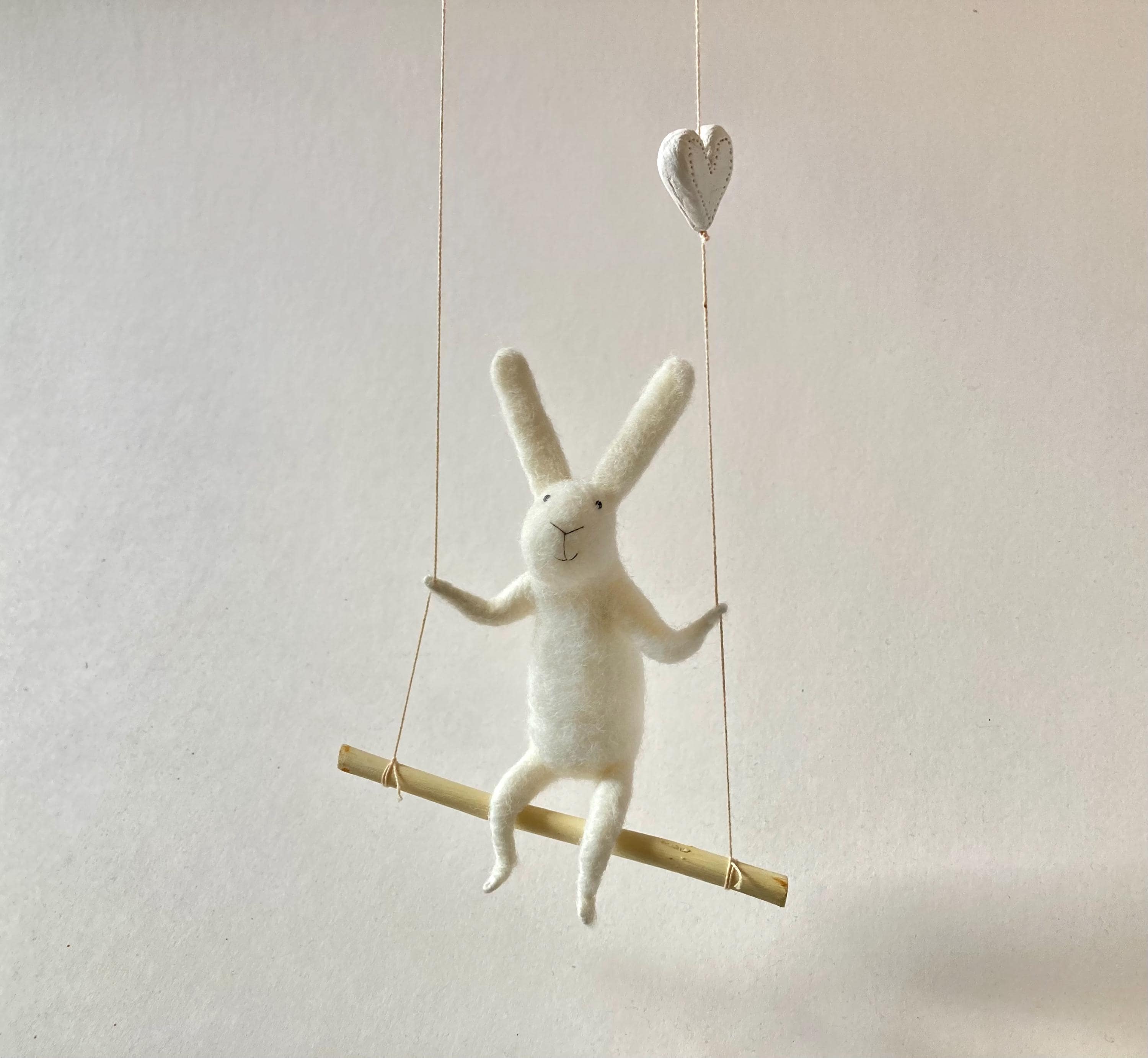 White bunny on swing, Felted Animal, Felted Bunny, Bunny Mobile,Baby Crib Mobile, Nursery Decor