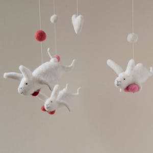White Pink Gray Nursery Mobile, Baby Mobile, Baby Crib Mobile, Bunny Mobile, White, Pink, Red image 5