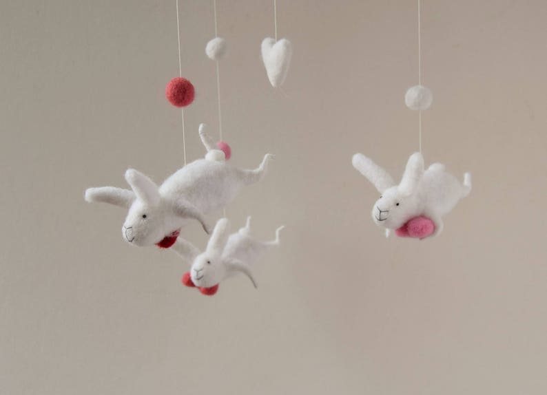 White Pink Gray Nursery Mobile, Baby Mobile, Baby Crib Mobile, Bunny Mobile, White, Pink, Red image 5