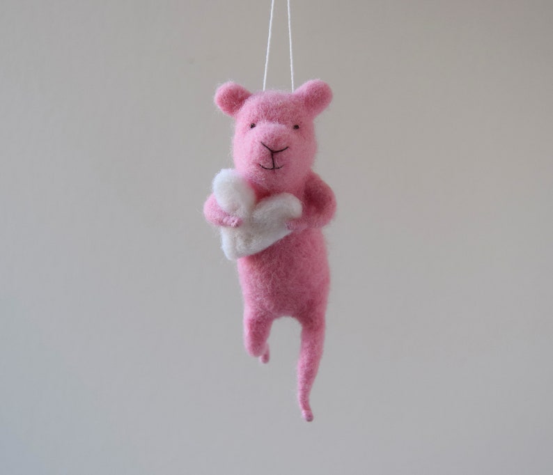 Pink Needle Felted Bear Holding white heart, Bear Mobile,Needle Feled Miniature, Baby Crib Mobile, Nursery Decor image 1