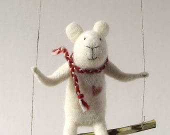 White  Polarbear, Needle Felted Bear- Needle Felted Nursery Mobile, Bear Mobile -Baby mobile, White Bear on Swing, Nursery Decor