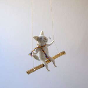 Cat on swing ,Gray Needle Felted Cat, Nursery Decoration, Baby Crib Mobile, Cat Toy, Baby Mobile image 5