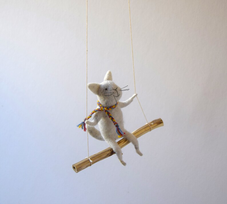 Cat on swing ,Gray Needle Felted Cat, Nursery Decoration, Baby Crib Mobile, Cat Toy, Baby Mobile image 5