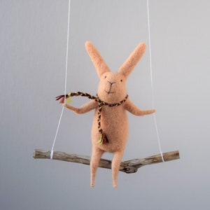 Bunny on swing, Felted Animal, Felted Bunny, Bunny Mobile,Baby Crib Mobile, Nursery Decor