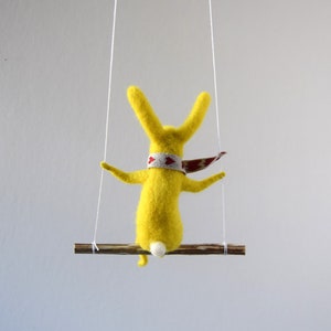 Yellow Bunny, Felted Animal, Needle Felted Bunny, Bunny on swing, Nursery Decor, Bunny Mobile, Baby Crib Mobile image 7