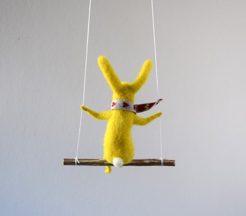 Yellow Bunny, Felted Animal, Needle Felted Bunny, Bunny on swing, Nursery Decor, Bunny Mobile, Baby Crib Mobile image 7