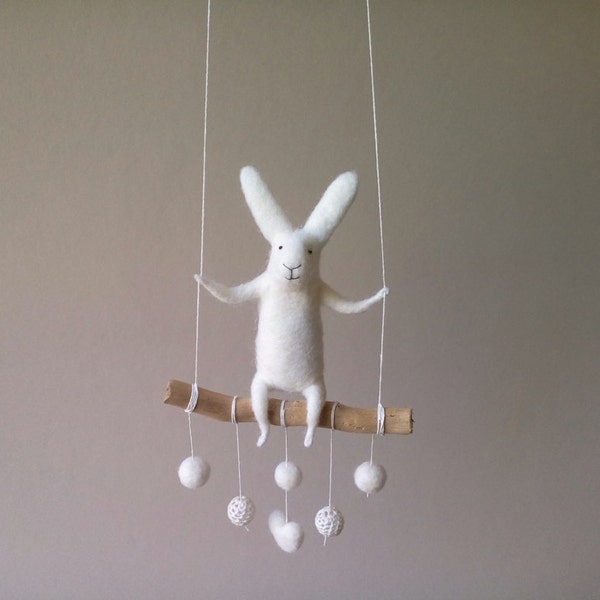 White bunny on swing, Felted Animal, Felted Bunny, Bunny Mobile,Baby Crib Mobile, Nursery Decor