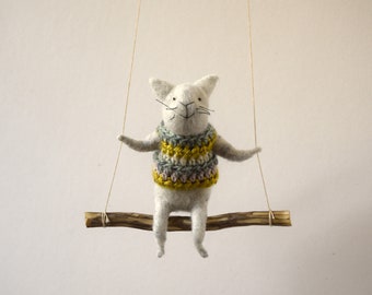 Cat on swing ,Gray Needle Felted Cat, Nursery Decoration, Baby Crib Mobile,  Cat Toy, Baby Mobile