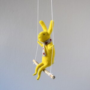Yellow Bunny, Felted Animal, Needle Felted Bunny, Bunny on swing, Nursery Decor, Bunny Mobile, Baby Crib Mobile image 3