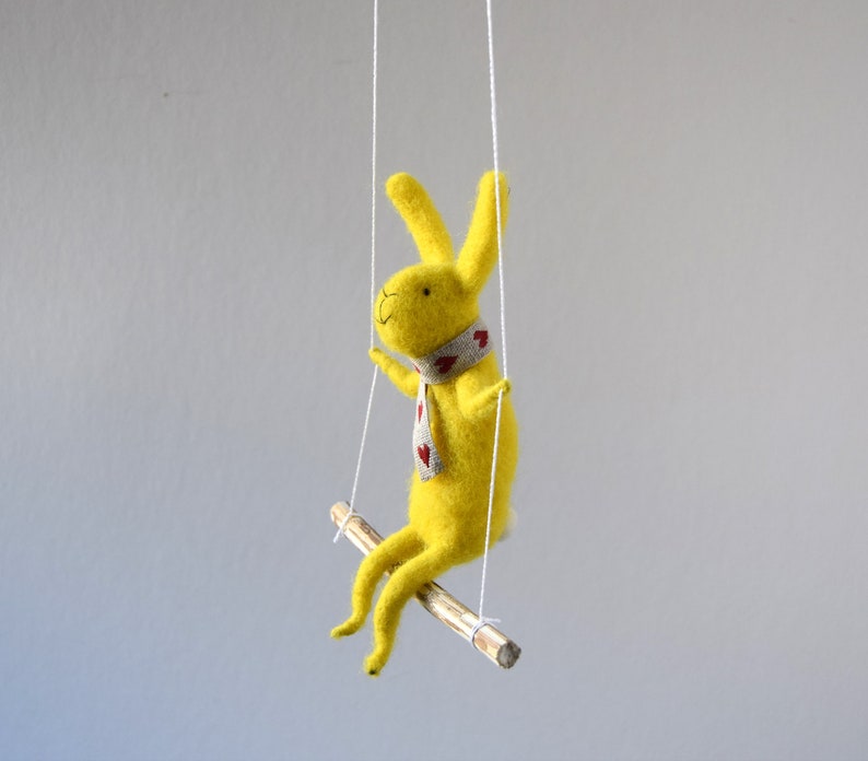 Yellow Bunny, Felted Animal, Needle Felted Bunny, Bunny on swing, Nursery Decor, Bunny Mobile, Baby Crib Mobile image 3