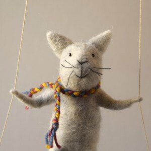 Cat on swing ,Gray Needle Felted Cat, Nursery Decoration, Baby Crib Mobile, Cat Toy, Baby Mobile image 3