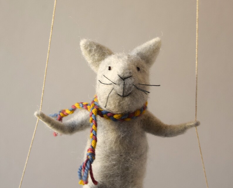 Cat on swing ,Gray Needle Felted Cat, Nursery Decoration, Baby Crib Mobile, Cat Toy, Baby Mobile image 3