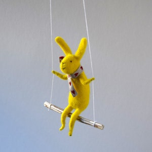 Yellow Bunny, Felted Animal, Needle Felted Bunny, Bunny on swing, Nursery Decor, Bunny Mobile, Baby Crib Mobile image 6