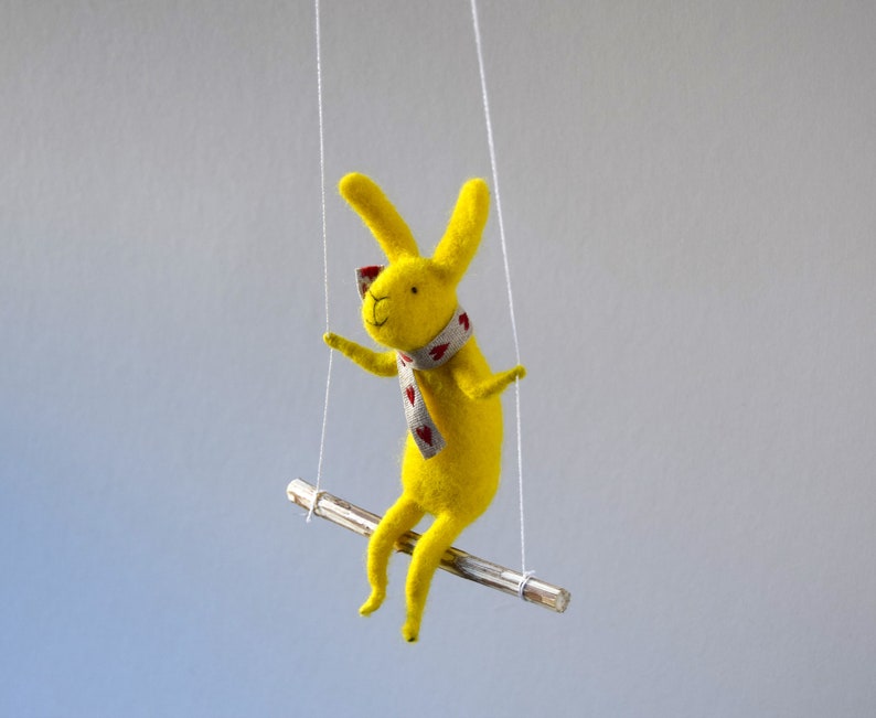 Yellow Bunny, Felted Animal, Needle Felted Bunny, Bunny on swing, Nursery Decor, Bunny Mobile, Baby Crib Mobile image 6