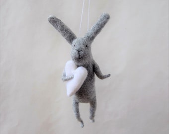 Felt Animal, Gray Needle Felted Bunny, Hanging Bunny,Needle Feled Miniature, Bunny Mobile