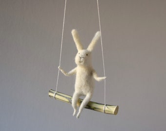 White bunny on swing, Felted Animal, Felted Bunny, Bunny Mobile,Baby Crib Mobile, Nursery Decor