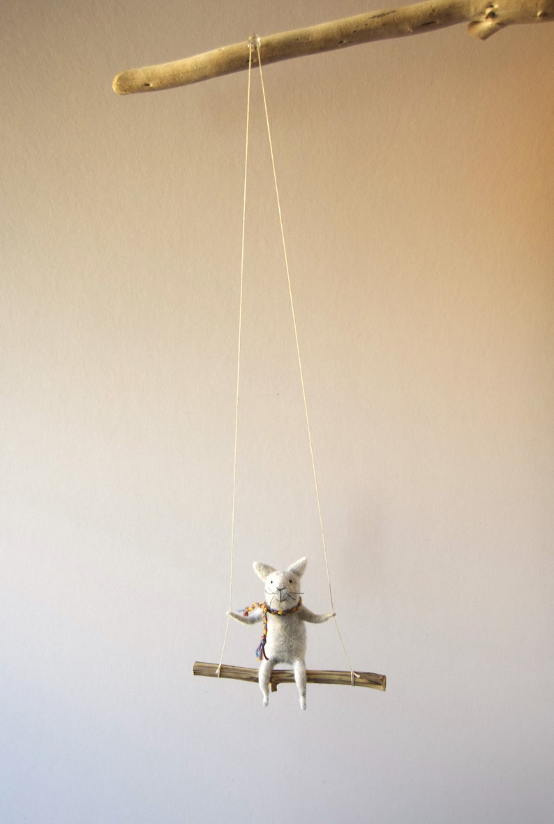Cat on swing ,Gray Needle Felted Cat, Nursery Decoration, Baby Crib Mobile, Cat Toy, Baby Mobile image 6