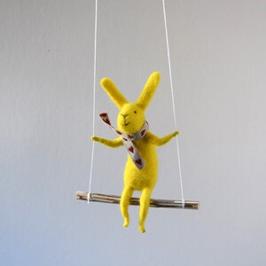 Yellow Bunny, Felted Animal, Needle Felted Bunny, Bunny on swing, Nursery Decor, Bunny Mobile, Baby Crib Mobile image 1