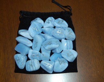 Rare Blue Lace Agate Runestone Set Elder Futhark