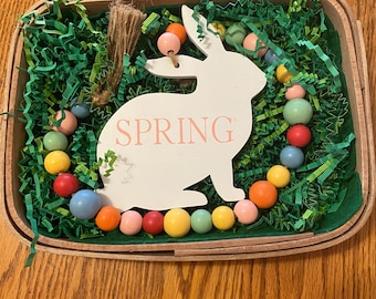 Easter Decor Bunny in Faux Tobacco Basket